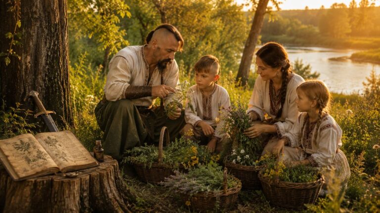 Cossack charakternyk teaching his children to identify medicinal herbs by the river — wildcrafting family tradition.