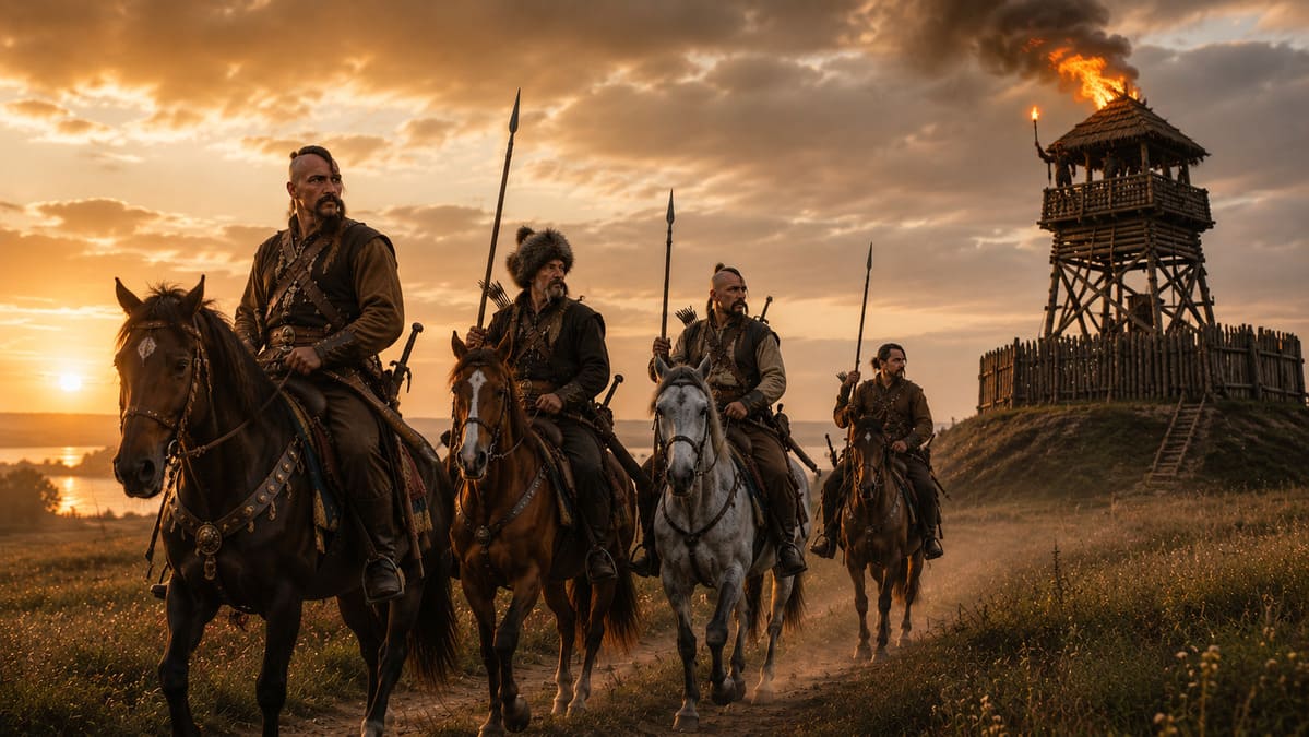 Stay in Touch — Cossack Remedies Contact Page Cossack scouts riding at sunset past a signal tower — ancient communication on the Ukrainian steppe.