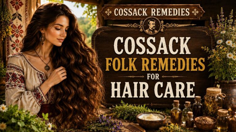 Woman with long healthy hair using traditional Cossack folk remedies for hair care.