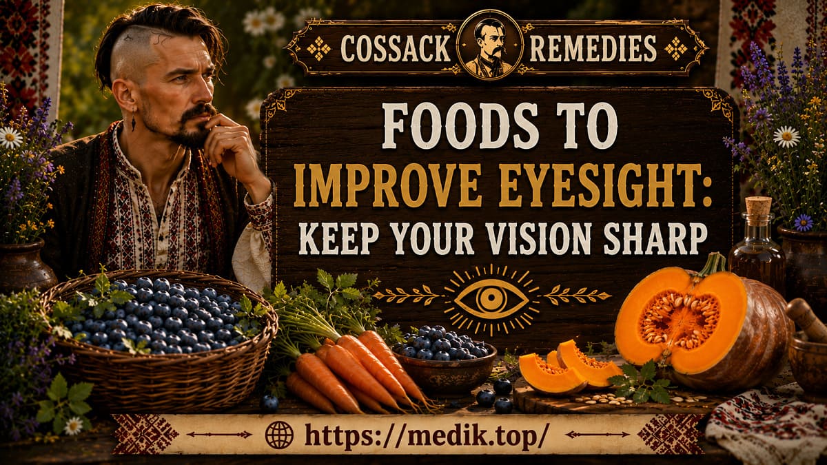 A Cossack characterist next to baskets of blueberries, carrots, and pumpkin — healthyhealthy foods to improve eyesight.