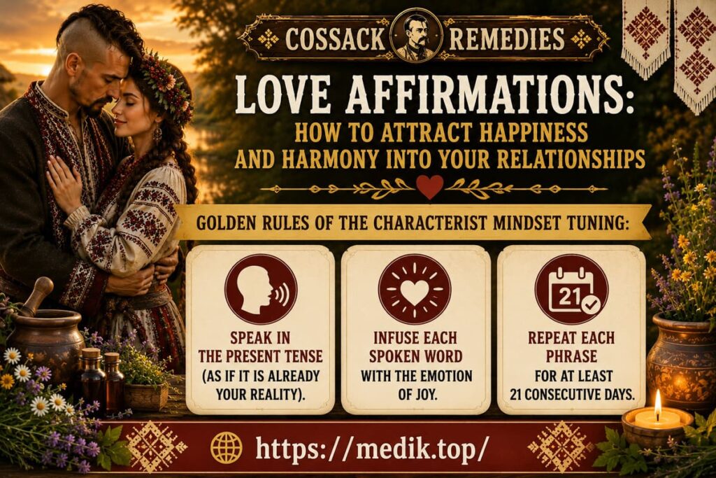 Cossack Remedies infographic explaining the golden rules of love affirmations with a couple in traditional Ukrainian clothing.