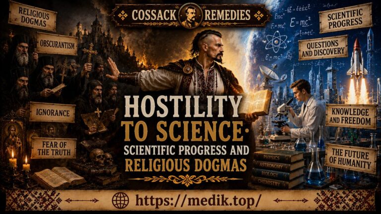 A Cossack Kharakternyk with a book in his hands dividing the world into blind dogma and scientific progress on the featured image of the article "Hostility to Science".