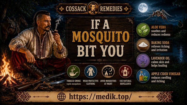 A Cossack Kharakternyk smoking a pipe by a campfire against the backdrop of a night river and mosquitoes on the featured image of the article "What to Do If a Mosquito Bit You."