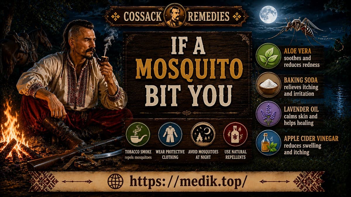 A Cossack Kharakternyk smoking a pipe by a campfire against the backdrop of a night river and mosquitoes on the featured image of the article "What to Do If a Mosquito Bit You."