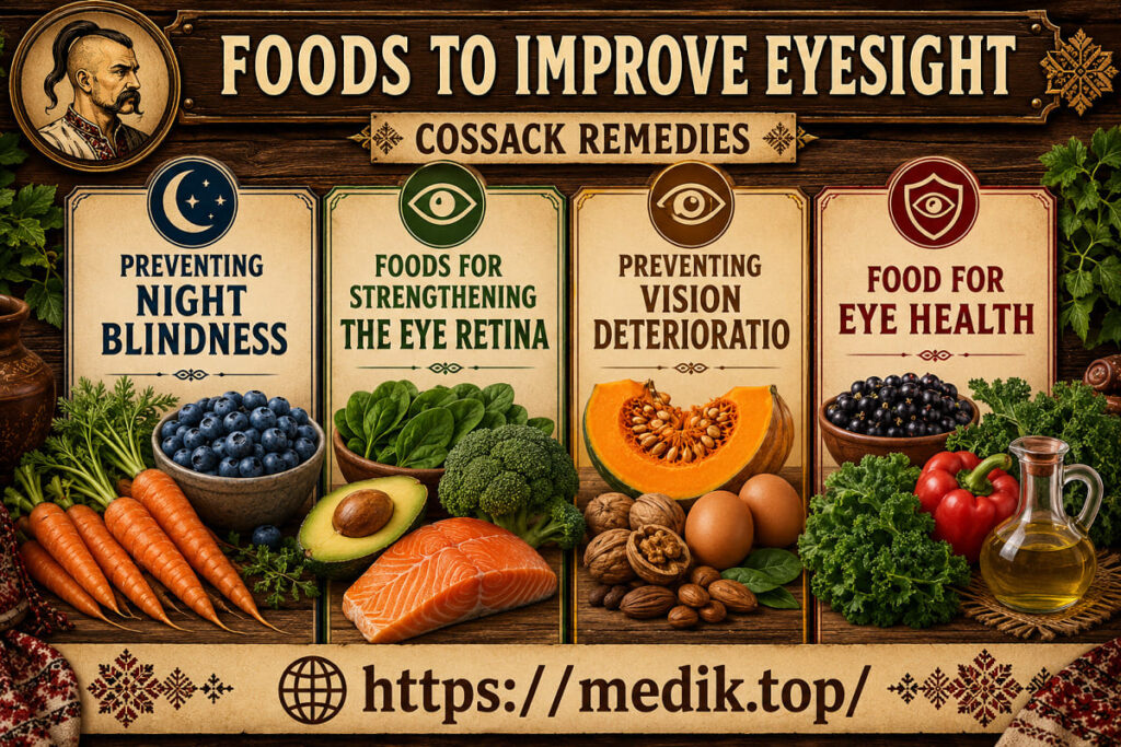 Cossack Remedies infographic showcasing foods to improve eyesight, featuring four categories: preventing night blindness, foods for strengthening the eye retina, preventing vision deterioration, and food for eye health with fresh ingredients. 