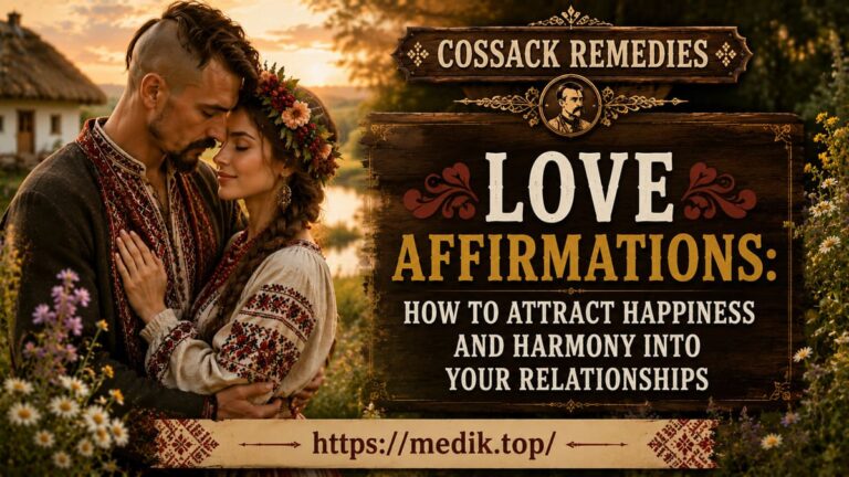 A couple in love in traditional Ukrainian clothing practicing love affirmations for attracting love.