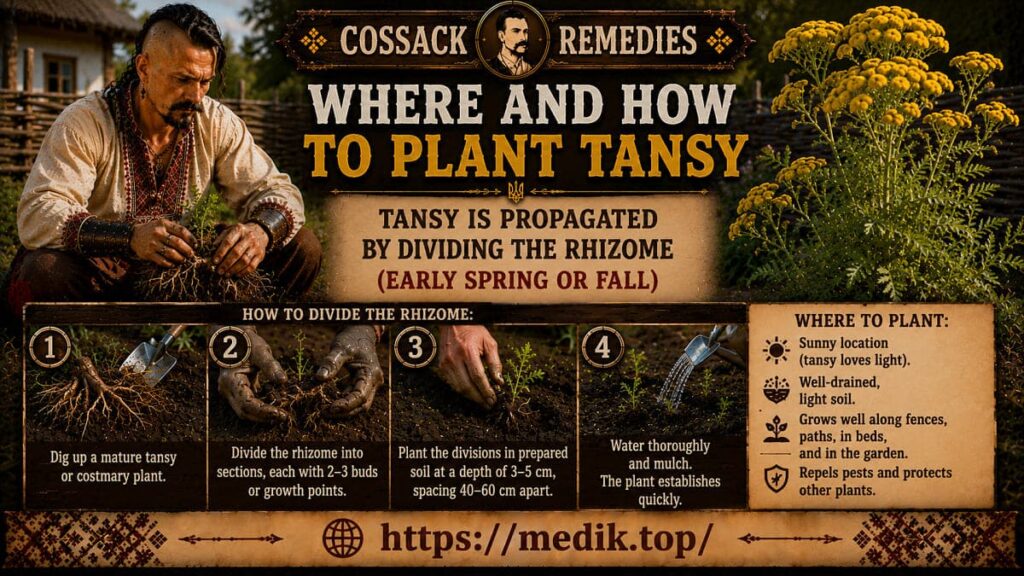 Where and how to plant tansy and kanupher — infographic by Medik.top Step-by-step infographic from a Cossack Kharakternyk on how to divide rhizomes and plant tansy and costmary in 4 steps with location tips.
