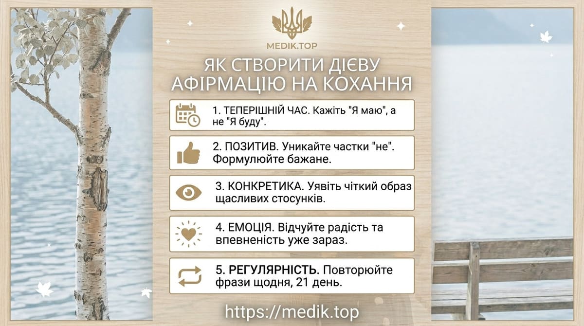 Як правильно створювати афірмації — Інструкція від MEDIK.TOP Інфографіка «афірмації на кохання — 5 правил створення» у мінімалістичному стилі з логотипом MEDIK.TOP.