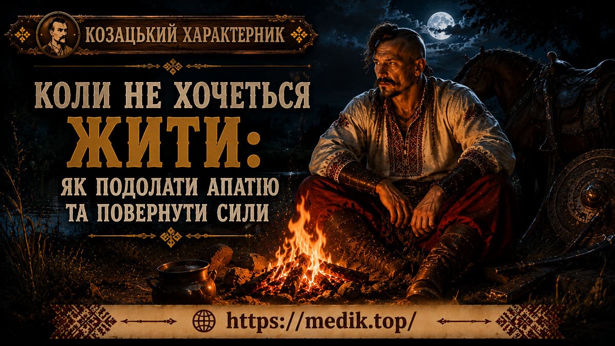 Козацький характерник у роздумах біля вогнища під нічним небом як символ стійкості духу.
