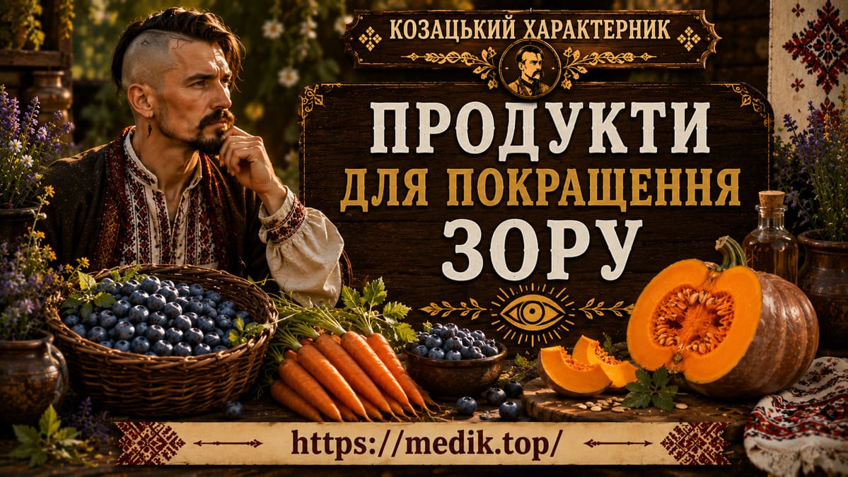 Козак-характерник біля кошика з чорницею, морквою та гарбузом — корисні продукти для покращення зору.