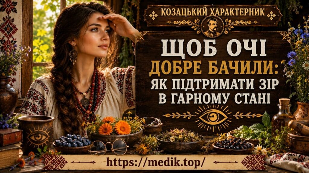 Як підтримати зір в гарному стані: корисна їжа та профілактика Українська дівчина в вишиванці дивиться вдалину біля ягід чорниці та цілющих трав, щоб очі добре бачили.