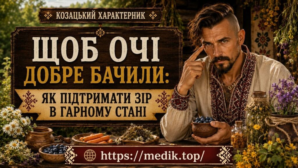 Поради козацького характерника для збереження та покращення зору Козак-характерник тримає чорницю та вказує на око — корисна їжа для здоров'я очей і профілактика погіршення зору.
