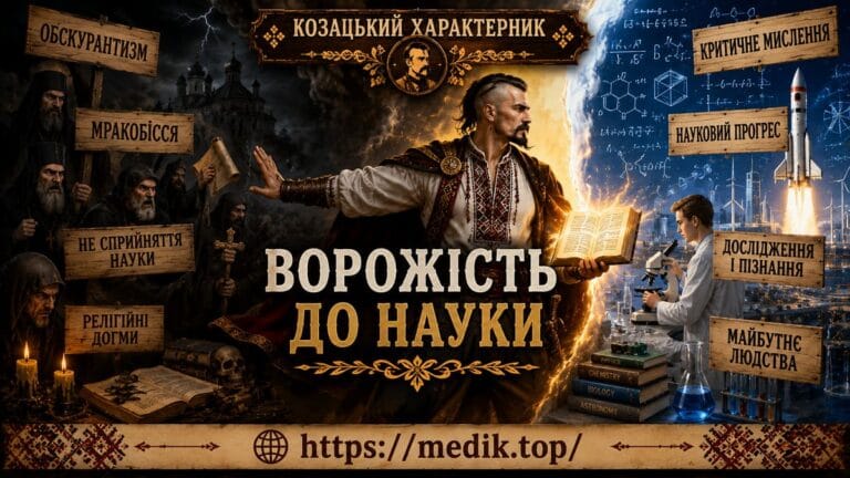 Козацький характерник із книгою в руках розділяє світ на мракобісся та науковий прогрес на обкладинці статті «Ворожість до науки».