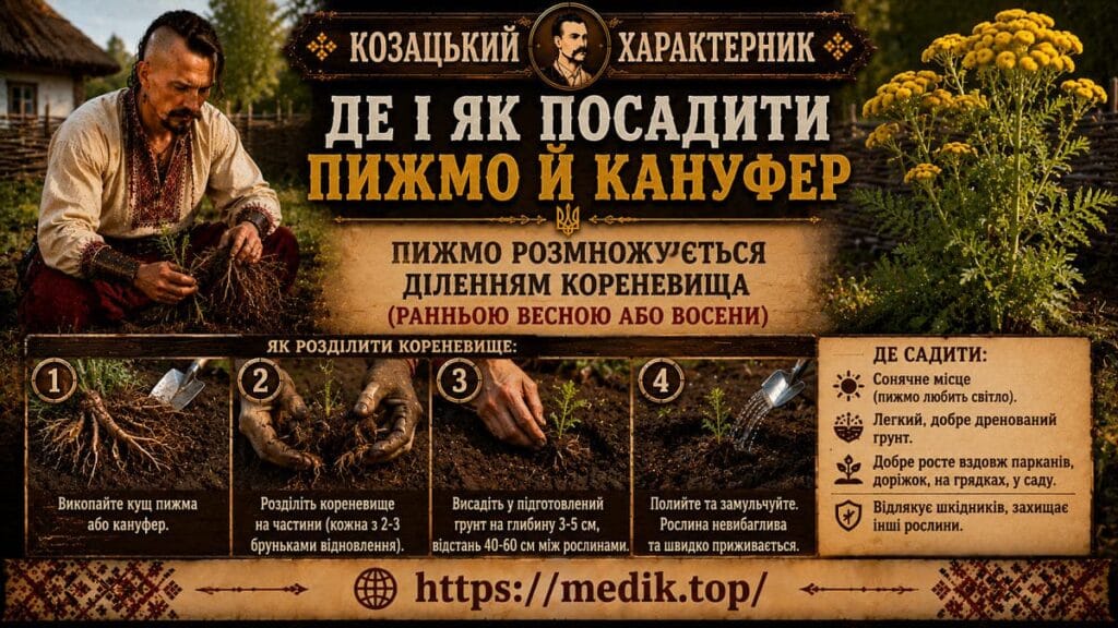 Де і як посадити пижмо й кануфер — інфографіка Medik.top Покрокова інфографіка від козака-характерника про те, як розділити кореневище та посадити пижмо й кануфер у 4 кроки з порадами щодо вибору місця.