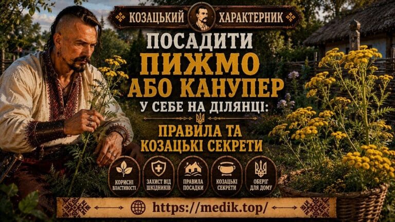 Козацький характерник у вишиванці розглядає жовті квіти пижма звичайного на ділянці біля плетеного тину.