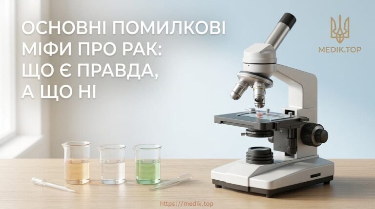 Мінімалістичне медичне зображення до тексту міфи про рак з мікроскопом та лабораторними колбами на світлому фоні з логотипом MEDIK.TOP.