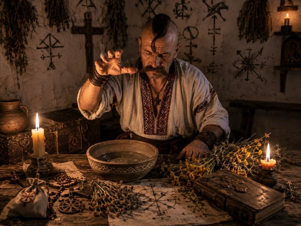 Козак характерник готує цілюще зілля та народні ліки при свічках.