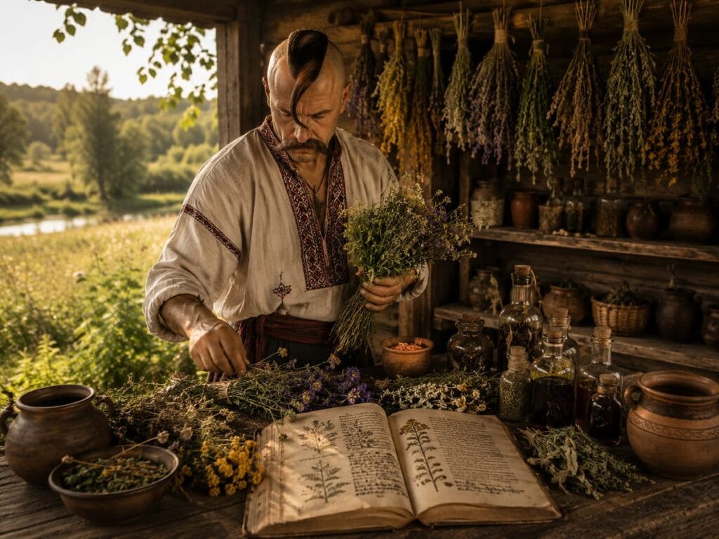 Козак травник збирає та досліджує лікарські рослини на природі.