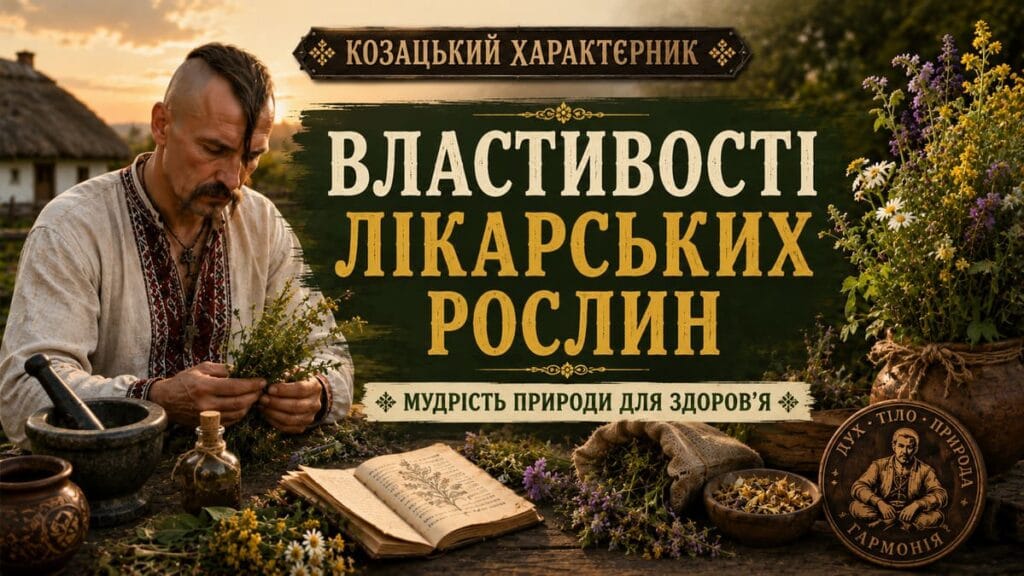 Властивості лікарських рослин — обкладинка рубрики Лікарські рослини, пряні трави та цілющі збори на столі.