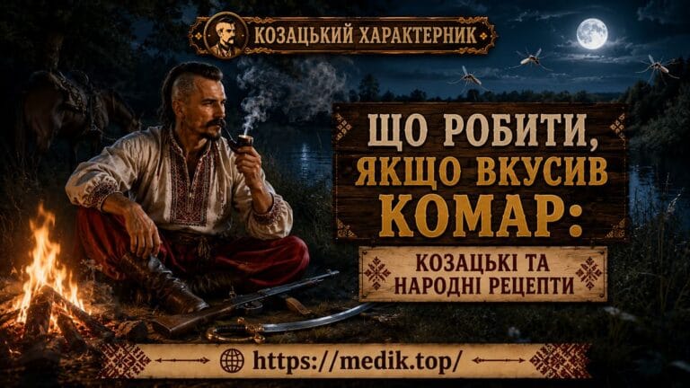 Козацький характерник палить люльку біля багаття на тлі нічної річки та комарів на обкладинці статті «Що робити, якщо вкусив комар».
